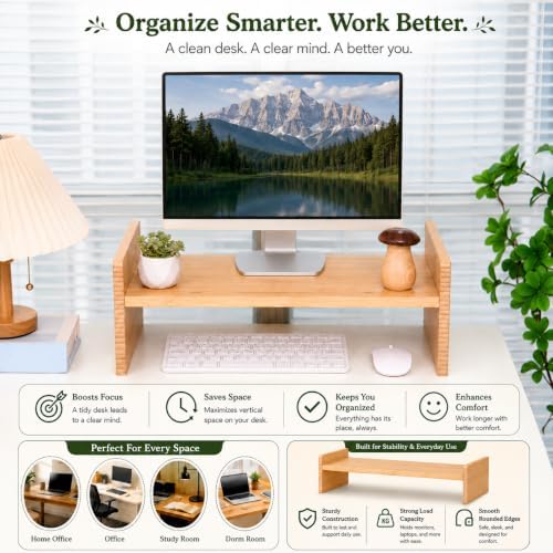 Bamboo Monitor Stand for Desk, 3-Level Adjustable Monitor Riser, Wooden Desktop Shelf Organizer, Portable and adjustable