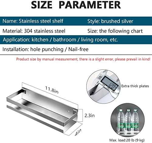 Rustproof Metal Storage Floating Shelves Wall Mounted Rectangular Shelf for Bedroom,Bathroom, Living Room, Kitchen, and Laundry Room,Nail-Free Wall-Mounted Shelves（11.8 Inch Silver）