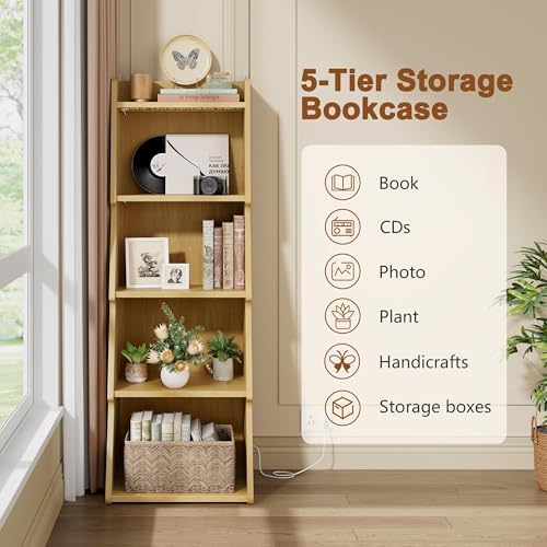 Hoctieon 5-Tier Open Bookcase and Bookshelf with LED Light, Floor Standing Display Storage Shelves, Wood Modern Display 