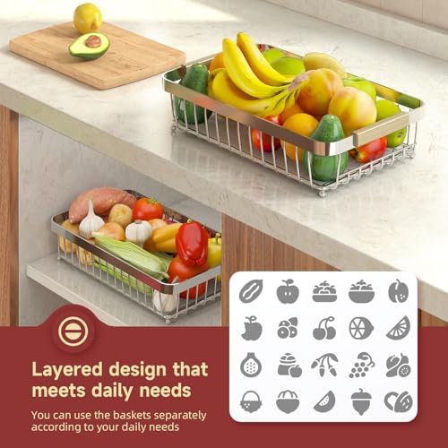 Sevenblue 2-Tier Fruit Basket with Banana Hangers, Detachable Metal Bowl