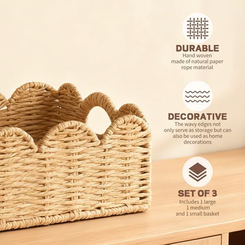 Hand Woven Paper Rope Scalloped Edge Decor Baskets for Home,Living Room, Bedroom,Storage over Above Behind Flush Tank,To