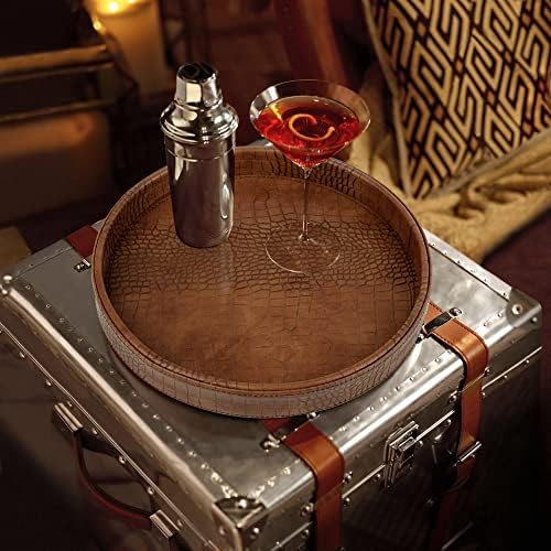 HofferRuffer Faux Leather Round Serving Tray, Vegan Croco Leather Decorative Food Tray for Storage Drinks, Snack & Cosme