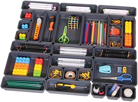 TENABORT 42 Pack Interlocking Desk Drawer Organizer Tray Dividers Plastic Shallow Narrow Drawers Organizers Separators Storage Bins Container for Kitchen Bathroom Makeup Office Vanity Dresser