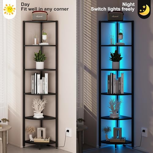 6-Tier Corner Shelf with LED Lights - 65" Tall Narrow Bookshelf, Standing Shelf with Storage Rack, Sturdy Metal Frame & 