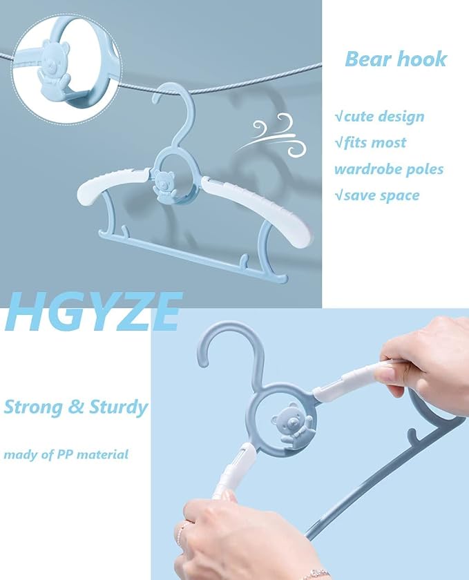 HGYZE Baby Nursery Closet Hangers, Non-Slip and Extendable Laundry Infant Pant Hangers for Newborn Clothes - 20pcs Colourful Gifts - Adjustable Children Coat Hanger for Girl Boy Toddler Kid, Colorful
