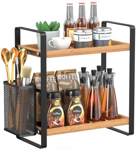 LEMIKKLE 2-Tier Coffee Bar Organizer With Basket,Wooden Counter Shelf for Coffee Bar Accessories,Kitchen Spice Rack Orga