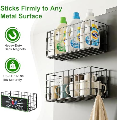 2 Pack Magnetic Basket for Fridge - Laundry Room Organizer, Large Metal