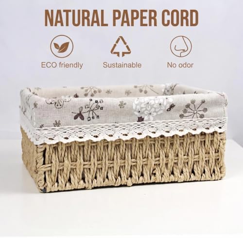 Wicker Woven Baskets With Liner, 3Packs Small Square Decorative Shelf Basket For Home Storage And Organizing (natural be