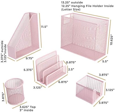 BLU MONACO | Pink Desk Organizer Set | 5 Piece Metal Office Desk Organizer with Hanging File Holder, Magazine Organizer, Pen Cup, Sticky Note Holder, Letter Sorter | Desk Organizers and Accessories