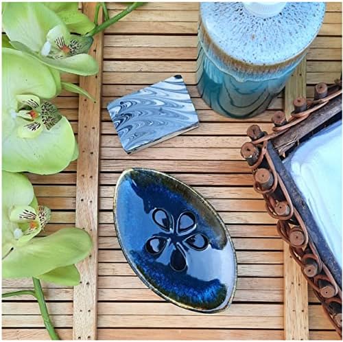 Ceramic Soap Dish with Self Draining Tray for Bar Soap, Bathroom, Kitchen (Green No.5)