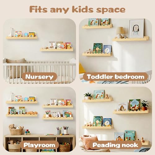 Nursery Floating Shelves for Kids Room, 4 Pack 15.7 Inch Natural Wood Wall Shelves with Scalloped Edge, Kids Bookshelves for Toddler Bedroom, Playroom, Baby Nursery Decor