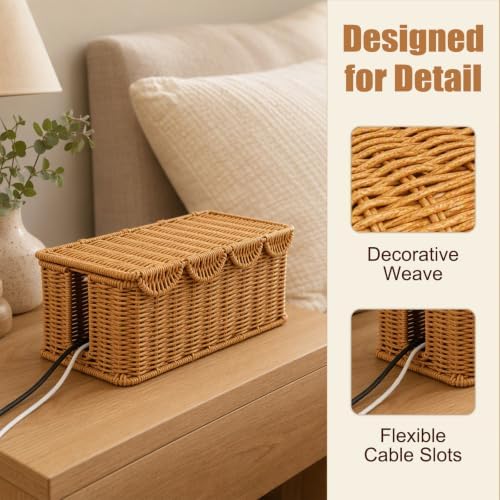 Handmade Rattan Cable Management Box, U Dual Slot Cord Hider Organizer Box