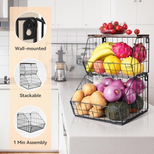 Wawocs 2 Tier Stackable Wall Mounted Hanging Basket, Fruit Basket for Kitchen Counter, Storage Bin with Wood Lid, Onion 