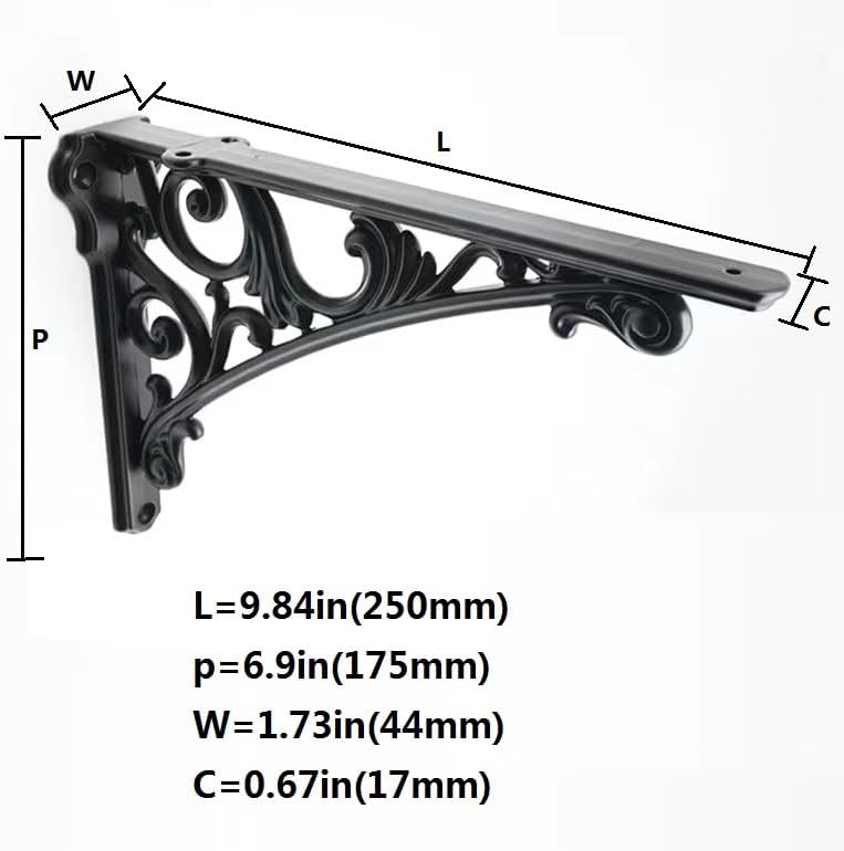 Decorative Shelf Bracket 10 inch, Black Brackets for Shelving, Heavy Duty Vintage, DIY Projects, Hardware Included, 4 Pa
