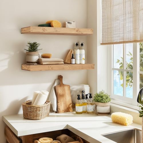 Floating Shelves, 24 Inch Wall Mounted Shelves, Set of 2, Oak