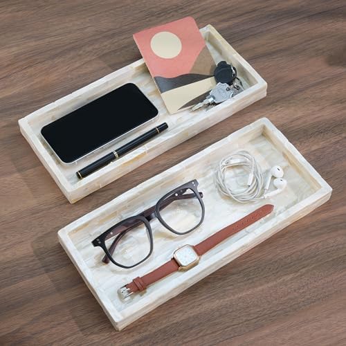 PEMAR Set of 2 Mother of Pearl Bathroom Tray for Counter, 11" Wooden Vanity Tray for Perfume Makeup Kitchen Sink Counter