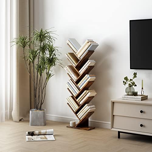 Hoctieon 10 Tier Tree Bookshelf, 10 Shelf Bookcase, Free Standing Tree Bookcase, Display Floor Standing Shelf for Books,