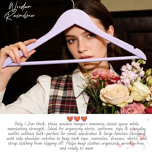 Premium Wooden Hangers 10 Pack, Solid Wood Hanger with Non Slip Pant Bar, Heavy Duty Wooden Coat Hanger, Smooth Finish Wood Clothes Hangers for Shirts, Suits, Jackets, Dress (Lavender Purple)