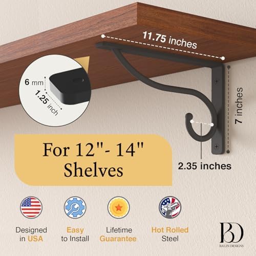 Closet Rod Bracket, 12 Inch Hook Shelf Brackets Heavy Duty Wall Mounted, Black Closet Rod Support Brackets for Curtains,