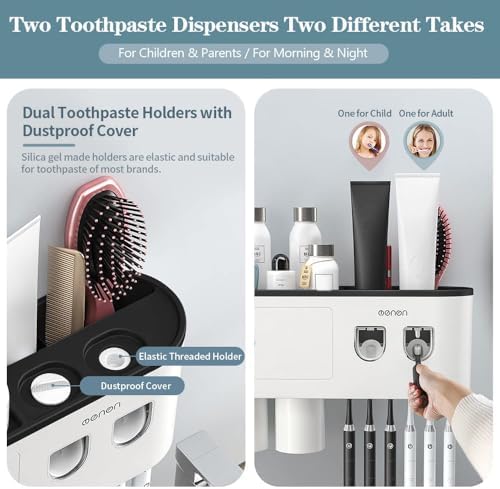 Toothbrush Holders Wall Mounted, Toothbrush Holder with Automatic Toothpaste Dispensers, 6 Brush Slots, 3 Magnetic Cups,