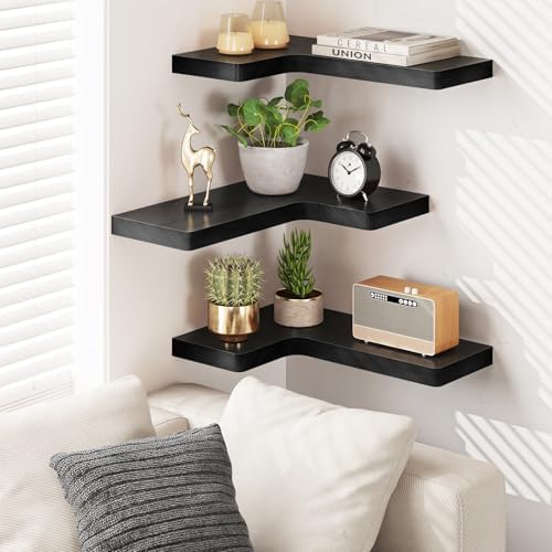 Fixwal Corner Floating Shelves for Wall Mounted Natural Solid Wood 16"x11.4" Farmhouse Home Decor Display Shelving Set o