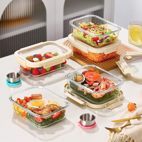 Glass Food Storage Containers with Glass Lids, Stainless Steel Salad Dressing Containers, Microwave-safe LeakProof Food Containers Set, 5-pack 35 oz（White）