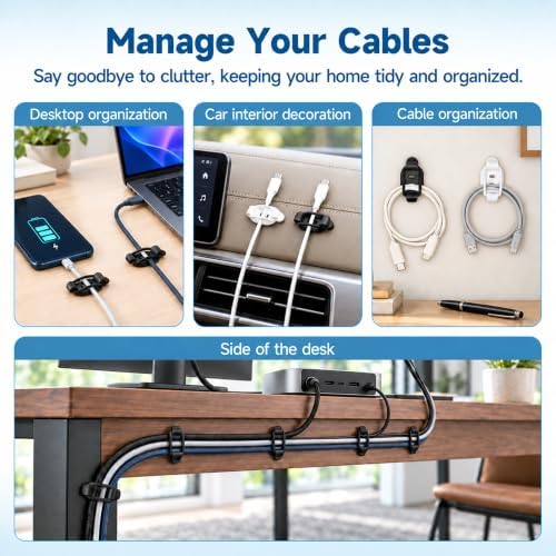 20 Sets Adjustable Cable Management Clips, Self Adhesive Cord Organizer with Elastic Loop, Reusable Cable Holder for Des