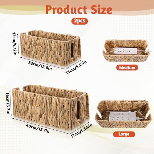 Cable Management Box with Lid 2 Pack Hand-Woven Water Hyacinth Decorative Cord Organizer 2 Side Open Slots Wicker Cable 