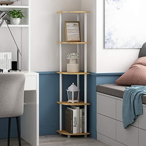 Furinno TURN-N-TUBE Corner Shelf, 5-Tier Corner Bookshelf, Open Storage Shelves, for Organization and Storage, Living Ro