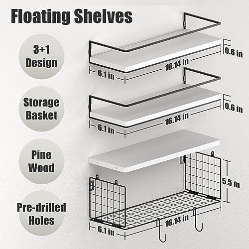 3+3 Wall Mounted White Bathroom Shelf Over Toilet with Toilet Paper Storage Basket & Hooks, Bathroom Organizers and Storage, Hanging Corner Shelf Floating Shelves for Bathroom Wall Room Decor