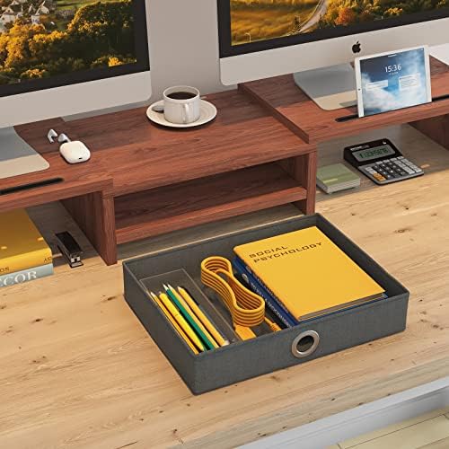 WESTREE Dual Monitor Stand Riser with Drawer - Adjustable Length and Angle, 2 Phone Hold, Desktop Organizer for Computer