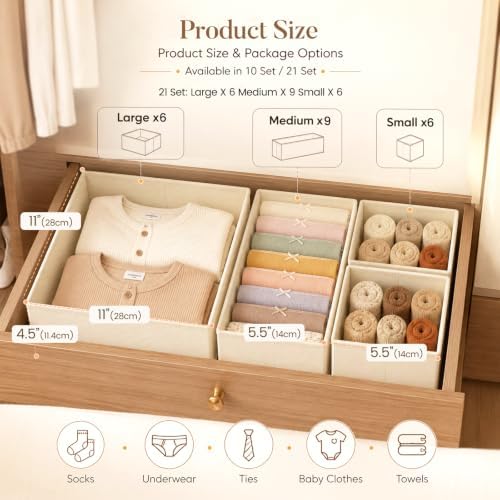 Drawer Organizer Storage for Clothes, Socks, 21 Pack, Beige