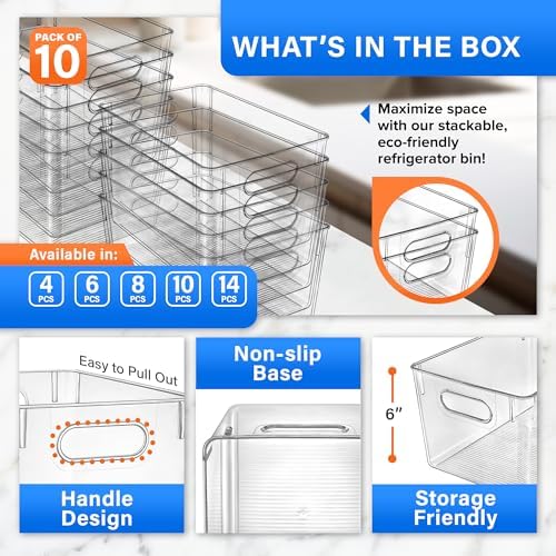 Lifemaster Stackable Refrigerator Bins - Set of 10 Large Capacity Organizers with Easy Grip Handles - Clear and Versatil