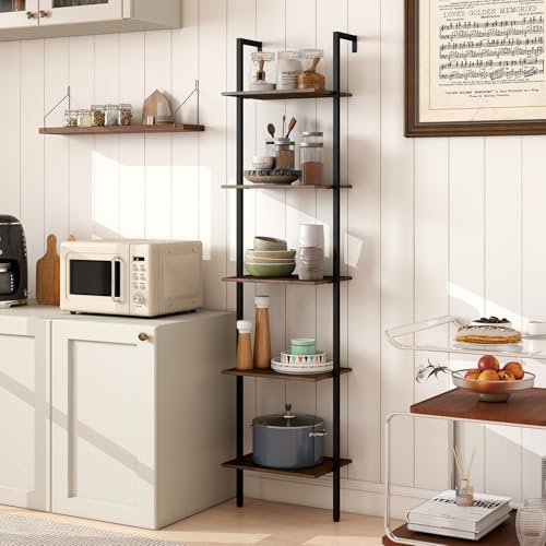 GIANTEX 5 Tier Ladder Shelf, Wall Mount Bookshelf with Anti-Tipping Kits & Metal Frame, Industrial Decorative Bookcase, 