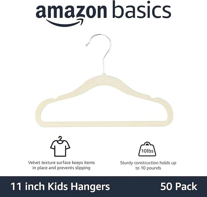 Amazon Basics Kids Space Saving Velvet Non-Slip Clothes Hangers with Shoulder Notches for Infant and Toddler, 11.6", Beige 50 Count (Pack of 4)