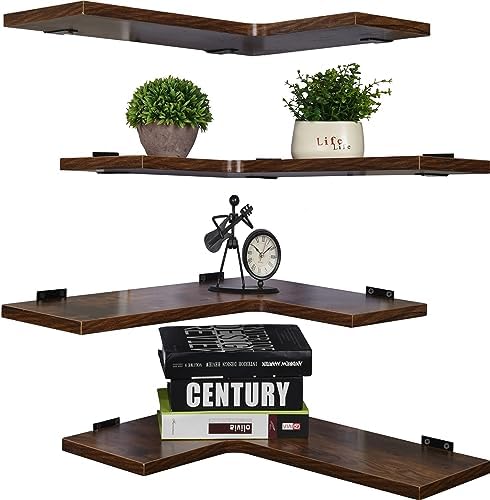 YYWUOJJ 22 Inch Corner Shelf Wall Mounted, Corner Floating Shelves for Wall, Set of 4 Brown