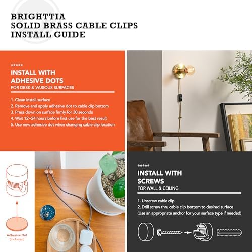 BRIGHTTIA Cable Clips - Cord Management Brass Buttons - Multipurpose Wire Holder Organizer System for Home, Office, Dorm