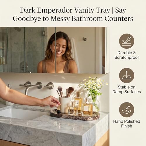 Dark Emperador Marble Vanity Tray for Bathroom Counter, 10"x5" Decorative Tray for Perfume, Candles, Stone Jewelry Dish 
