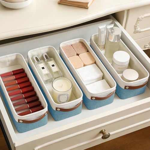 Bagnizer Small Fabric Storage Baskets, 15x6x5 inch Narrow Storage Bins 4-Pack Long Storage Basket for Organizing with Ha