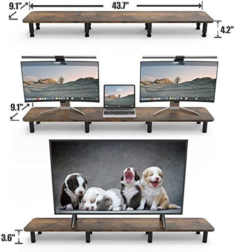 Dual Monitor Stand - 43.7 inch Extra Long Wide TV Stand - Wood & Steel Leg Desktop Riser - Desk Organization - Home Offi