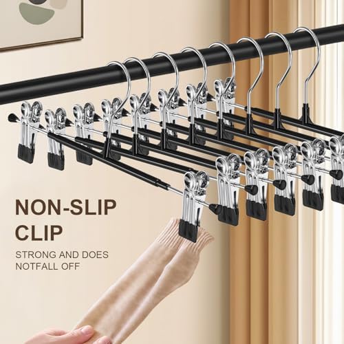 POZEAN Pants Hangers with Clips for Women 30 Pack, 12Inch Adjustable Heavy Duty Skirt Hangers, Space Saving Non-Slip Shorts Jeans Trousers Clothes Hangers, Black