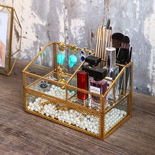 Golden Glass Box Vanity Tray Glass Case Makeup Display Organizer on Dresser, Multifunctional Cosmetic Storage for Palett