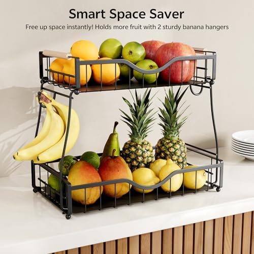 2 Tier Fruit Basket for Kitchen Countertop with Banana Hangers,Detachable Metal Fruit Bowl with Wooden Handles and Prote