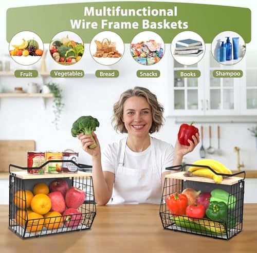 Wawocs Magnetic Shelf for Fridge with Wood Lid, 2 Tier Fruit Baskets Wall Mounted Hanging Basket with 4 Hanger Hooks, Po