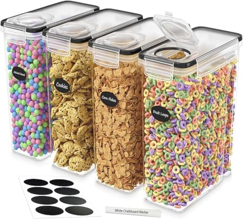 DWËLLZA KITCHEN Cereal Containers Storage 4L Set of 4 Airtight Food Storage Containers with Lids Cereal Dispenser Countertop Pantry Organization Canister for Rice Flour & Sugar 1 Marker 8 Labels