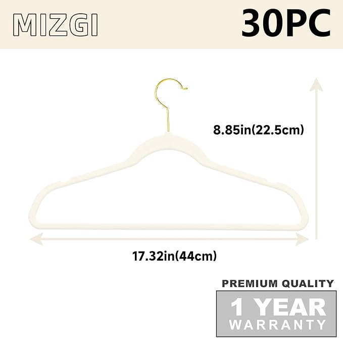 MIZGI Premium Velvet Hangers Pack 30 Pcs Heavyduty - Non Slip Slimline - Velvet Suit Hangers Ivory - Gold Hooks,Space Saving Clothes Hangers