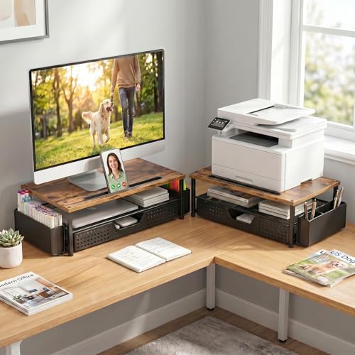 Desk Organizer and Accessories, 2-Tier Computer Monitor Stand Rise with Phone Holder, Drawer & 2 Pen Holders, Laptop & P