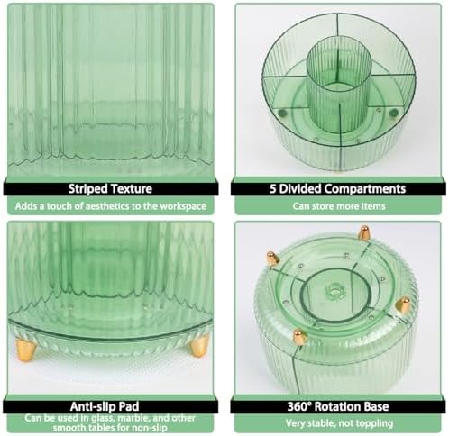 SKYDUE Rotating Pencil Pen Holder, Pen Organizer with 5 Slots - Aesthetic Desk Organizer and Accessories for School, Home, Office Supplies, Clear Green