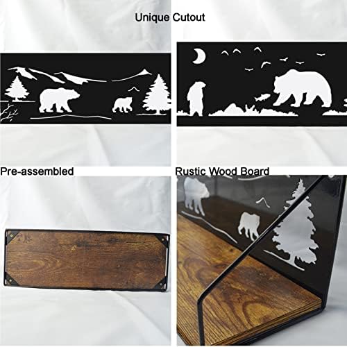Giftgarden Floating Shelves for Wall with Unique Adorable Bears Cutouts, Rustic Wooden Iron Wall Shelf Bear Decor for Bathroom Cabin Lodge Bedroom Kitchen Living Room Nursery, Black, Set of 2