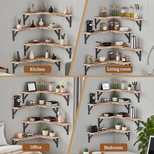 Set of 5 Corner Floating Shelves, Rustic Wood Shelve, Light Brown